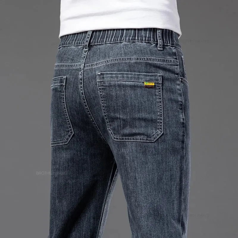 2026 Summer New Men's Thin Jeans Elastic Waist Loose Straight Comfortable Casual Denim Pants Brand Trousers Plus Size 42 44 46