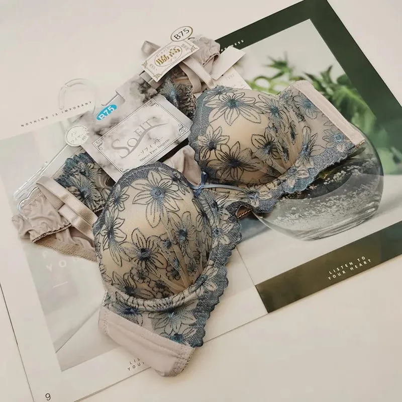 New gathering support lace bra set luxury models embroidery skin-friendly lingerie breif suit comfortable wirefree underwear — image 5