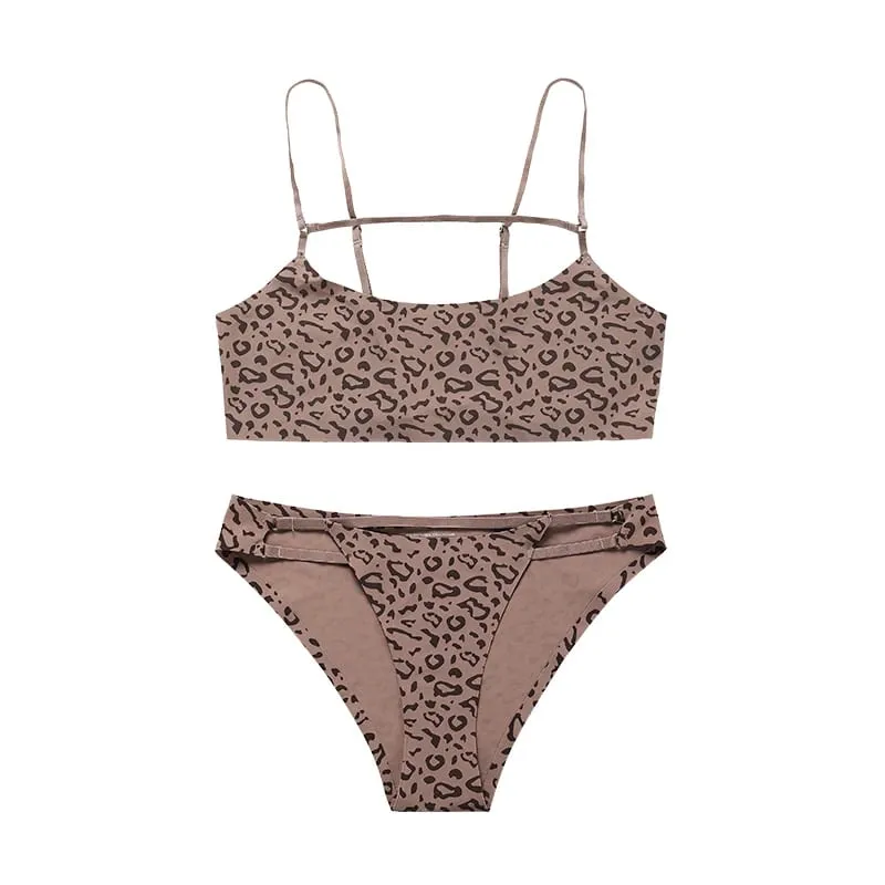 Hot Sale Leopard Ice Silk Bralette Wireless Active Fitness Tracelss Bra Brief Seamless Bra And Panty Set For Women