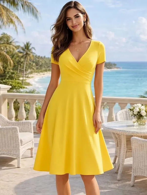 Damen-Kleid, elegant, Rundhalsausschnitt, Sommer, kurzärmelig, einfarbig, A-Linie, knielang, Kleid mit hoher Taille, für Party, Hochzeit, lässiger Abgang