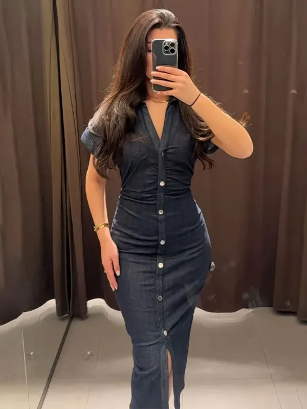 White Single Breasted Denim Dress Elegant Short Sleeve Lapel Bodycon Women's Dresses 2026 Summer Lady Chic Commute Street Robes