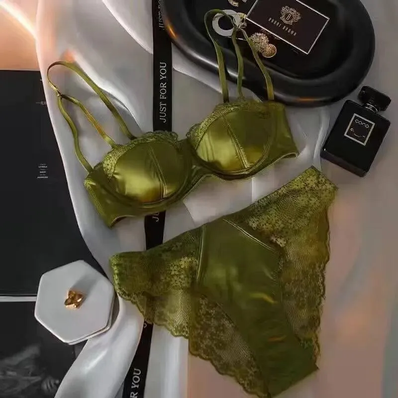 European -American sexy satin half cup comfortable upper support underwear set thin with steel ring green lace edge glossy bra