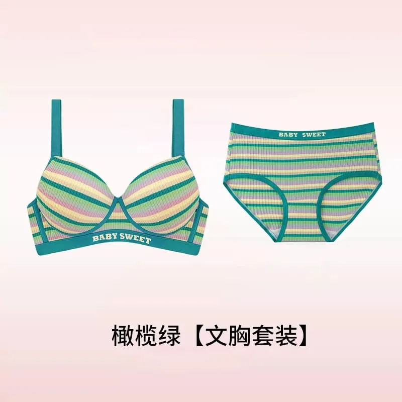 Stripe Women's Bra Set Gathered Anti-Sagging Small Chest Side Breast Reduction Underwear Cute Style Nylon