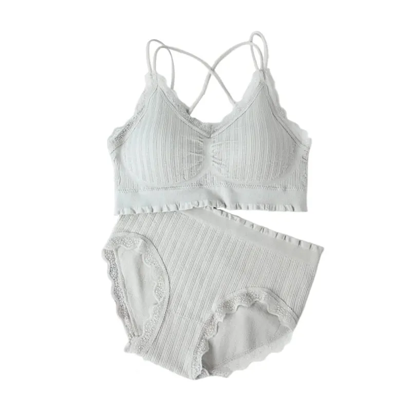 1Set Casual Lace Women Seamless Bra Set with Bra Pads V-Neck Lingerie Set Breathable Comfortable Sport Brassiere