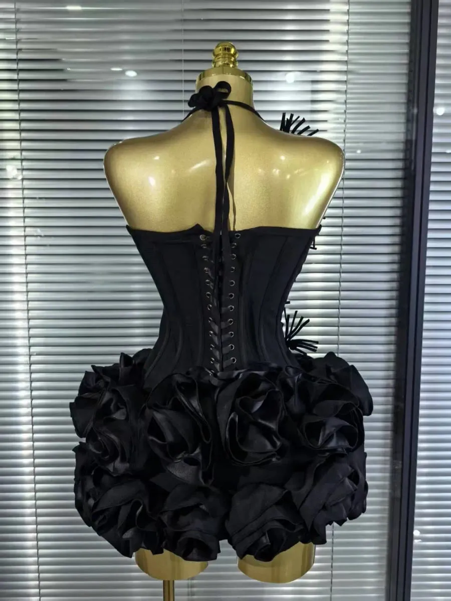 High Quality Black Red Women Sexy Halter Full Florals 2 Pieces Set Bodycon Mini Bandage Dress Celebrate Nightclub Party Wear