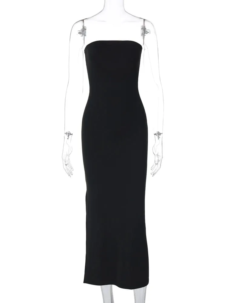 Hugcitar Black Strapless Long Sleeve Sexy Bodycon Maxi Prom Dress 2024 Fall Winter Elegant Women Outfit Evening Party Festival