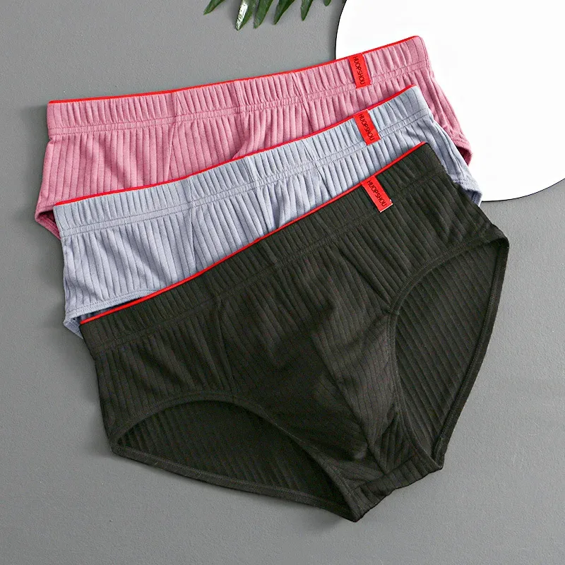 1/3 pçs cuecas masculinas meados de cintura elástica macia respirável anti-séptico u convexo listrado cor sólida casual cuecas masculinas
