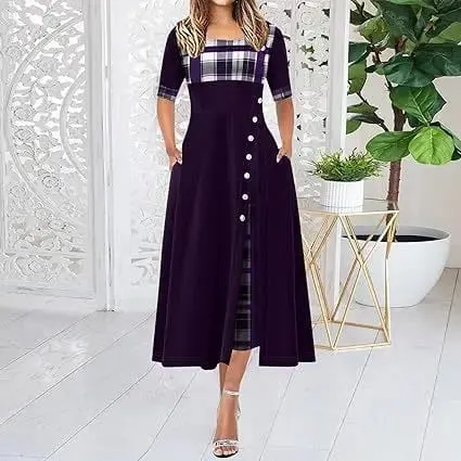 Robe longue en Patchwork de treillis irrégulier pour femmes, Vintage, boutons, col rond, demi-manches, décontractée, pour les déplacements, à la mode