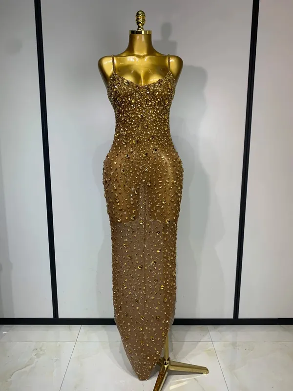 Luxury Rhinestones Sexy Mesh See Through Bodycon Dress Women Birthday Evening Cocktail party Gown Red Carpet Club Stage Outfit — image 7