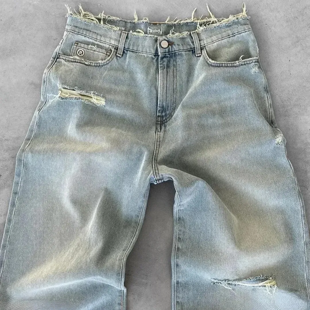 Straight Jeans Distressed Men Jean Ripped Holes Washed Denim Pants Ankle Length Loose Solid Zipper Fly Pockets Casual 2026