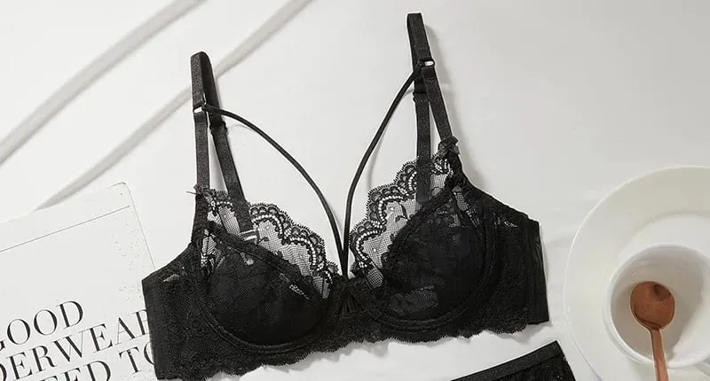 Women's Ultra-Thin Lace Lingerie Set Soft Wire Bra with Push-Up Support Designed to Minimize Bust Appearance and Prevent Sagging