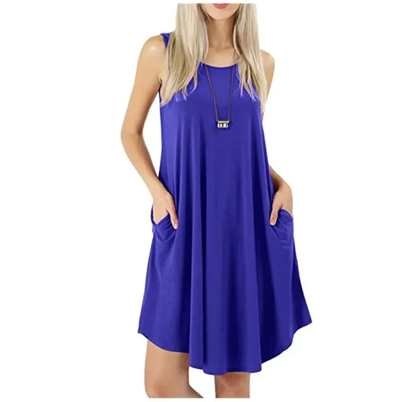 Women Black Blue Dresses Summer Casual Sleeveless Round Neck Long T Shirt Dresses Sundress Beach Tank Loose Pockets Dress