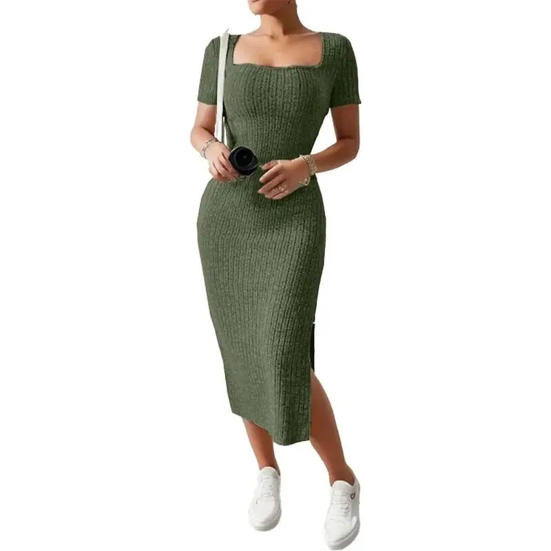 Summer Square Neck Hip-Hugging Mid-Length Skirt Short-Sleeved Versatile Knitted Slit Dress