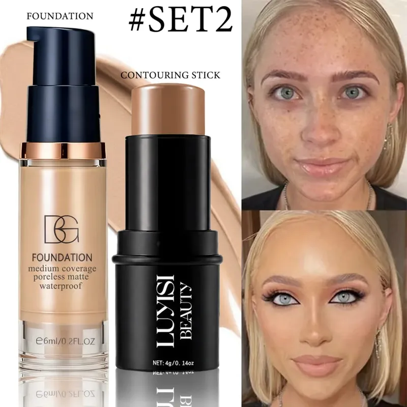 2pcs Face Makeup Set:1pc Foundation+1pc Contour Stick.Long-Lasting Waterproof Full Coverage Natural Finish Mini And Easy To Car