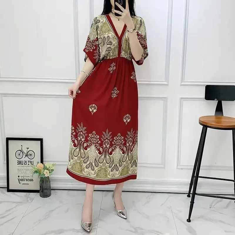 Casual Elegant Retro Bohemian National Style V-neck Elastic Waist Large Swing Printed Summer Long Skirt Woman Dress Clothes