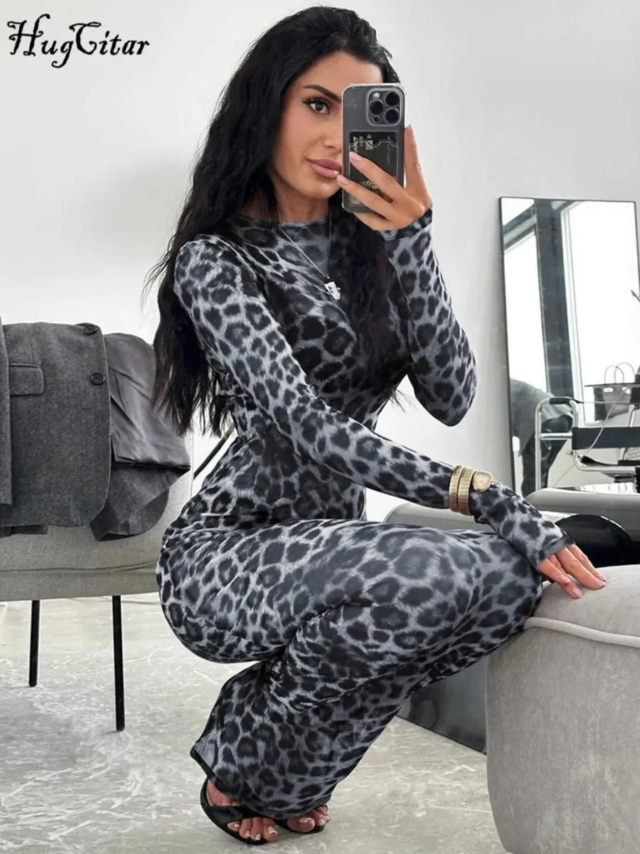 Hugcitar Leopard Print Mesh Long Sleeve Sexy Slim See Through Maxi Dress Fall Women Fashion Outfits Beach Vacation Club