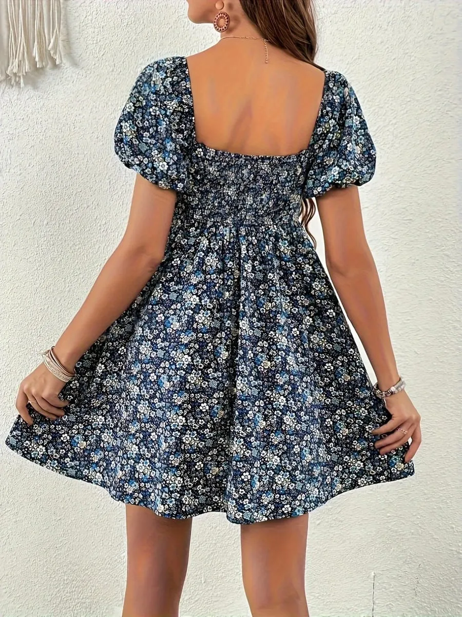 Summer Women Elegant Floral Print Dress Vacation Vintage Casual Sweet Square Collar Puff Sleeve Dresses