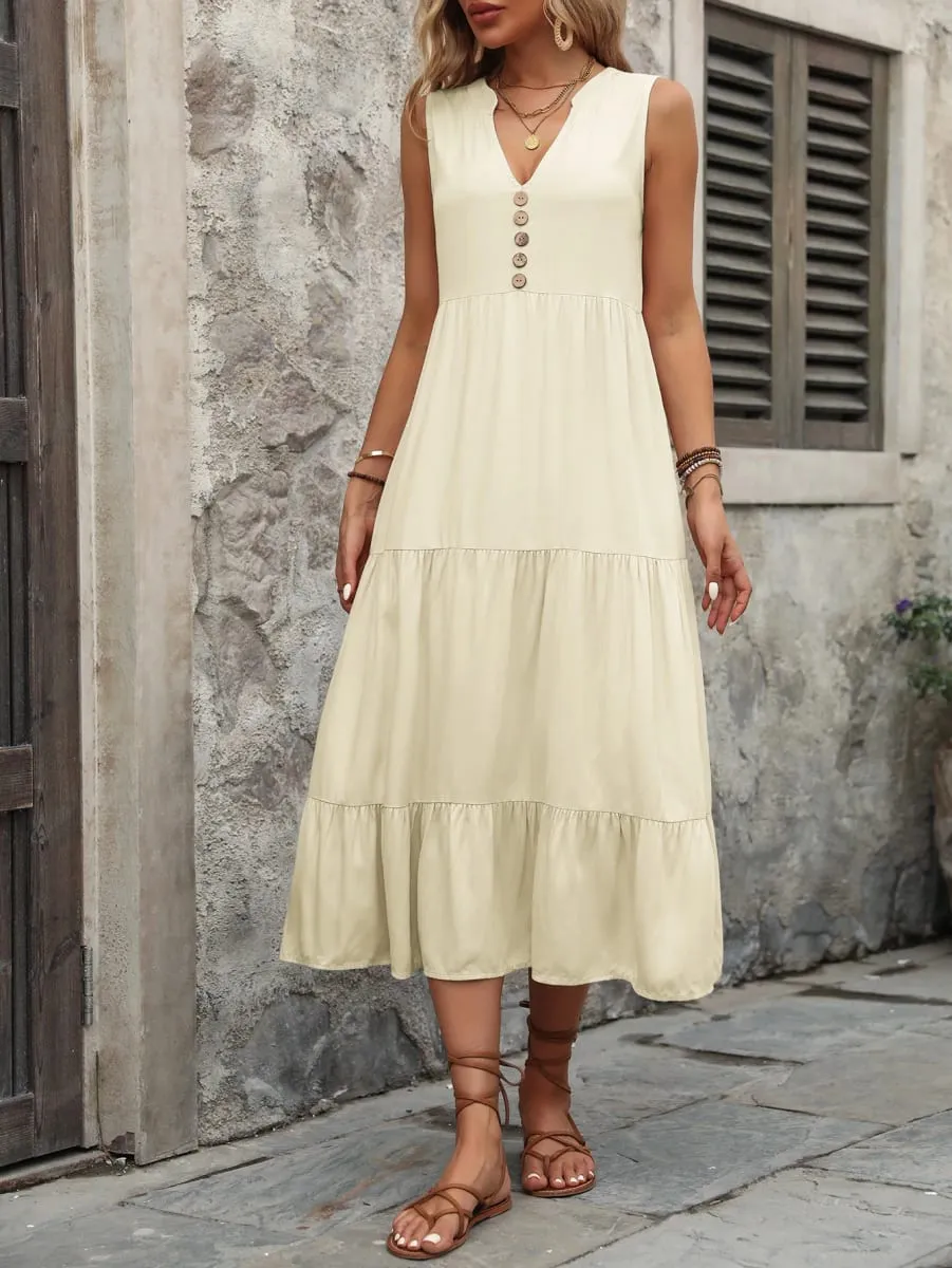 Casual Summer Midi Dress Women Sleeveless Tank V-Neck Buttons Ruffle Loose Dresses Beach Soild Sundress New Fashion Ladies Dress — image 7