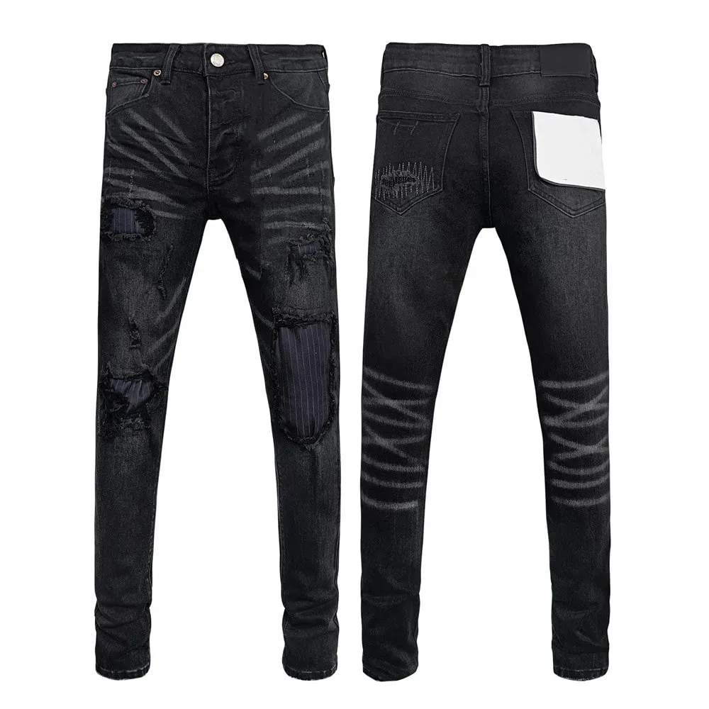 Jeans Men Fashion Classic style Retro Wash black paint Hole Repair Low Rise Stretch Skinny Pleated Ripped Frayed Jeans Trousers — image 18
