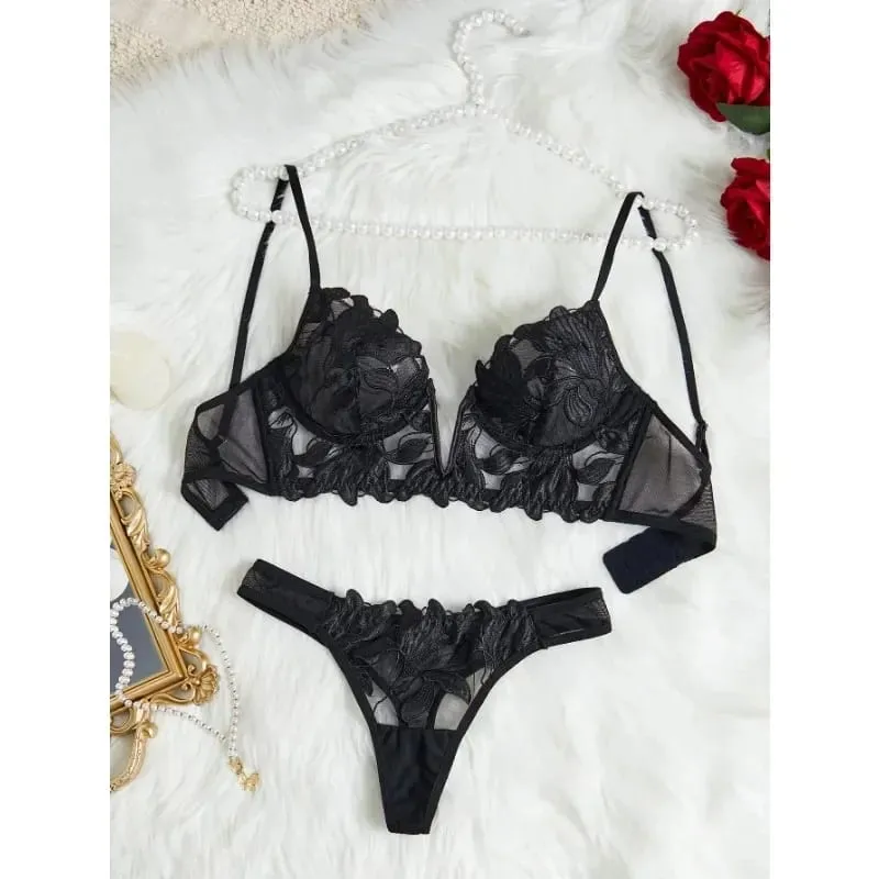 Fairy Lingerie Floral Valentine Charming Brief Panty Underwear Sexy Nighty Fancy V Underwear Brief Set for Lady See Through Bra