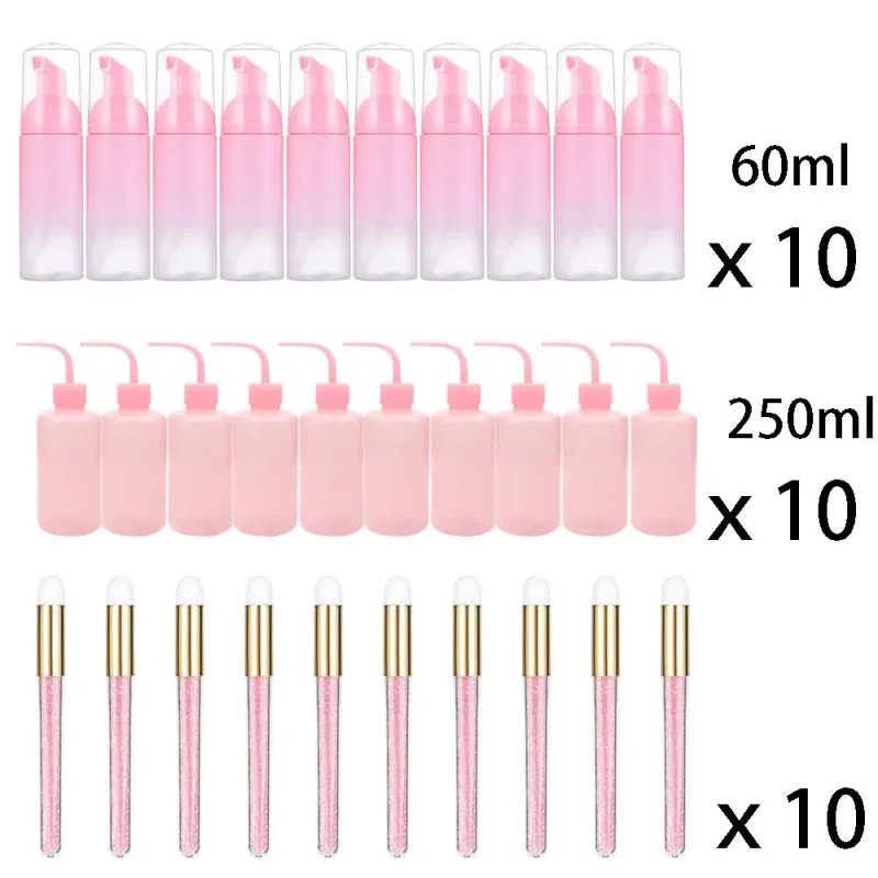 60ml Refillable Leakproof Empty Foam Mousse Pump Bottles Lash Extension Cleansing Kit Soft Brush 250ml Rinse Bottle Beauty Tools