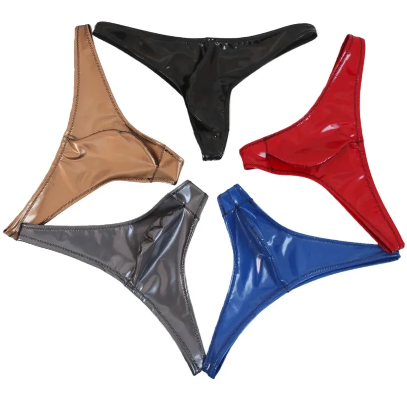 Pria Seksi Ukuran Besar Lateks PVC Mengkilap Panas Pendek Cembung U Kantong G-string Pakaian Dalam Modis Celana Ketat Lingeries PU Celana Panggung — image 4