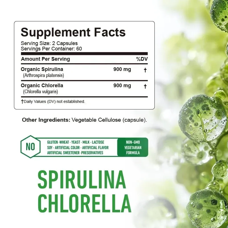 Spirulina Chlorella Capsules - Υποστηρίζει την υγεία του καρδιαγγειακού και του ανοσοποιητικού συστήματος Ισχυρό αντιοξειδωτικό
