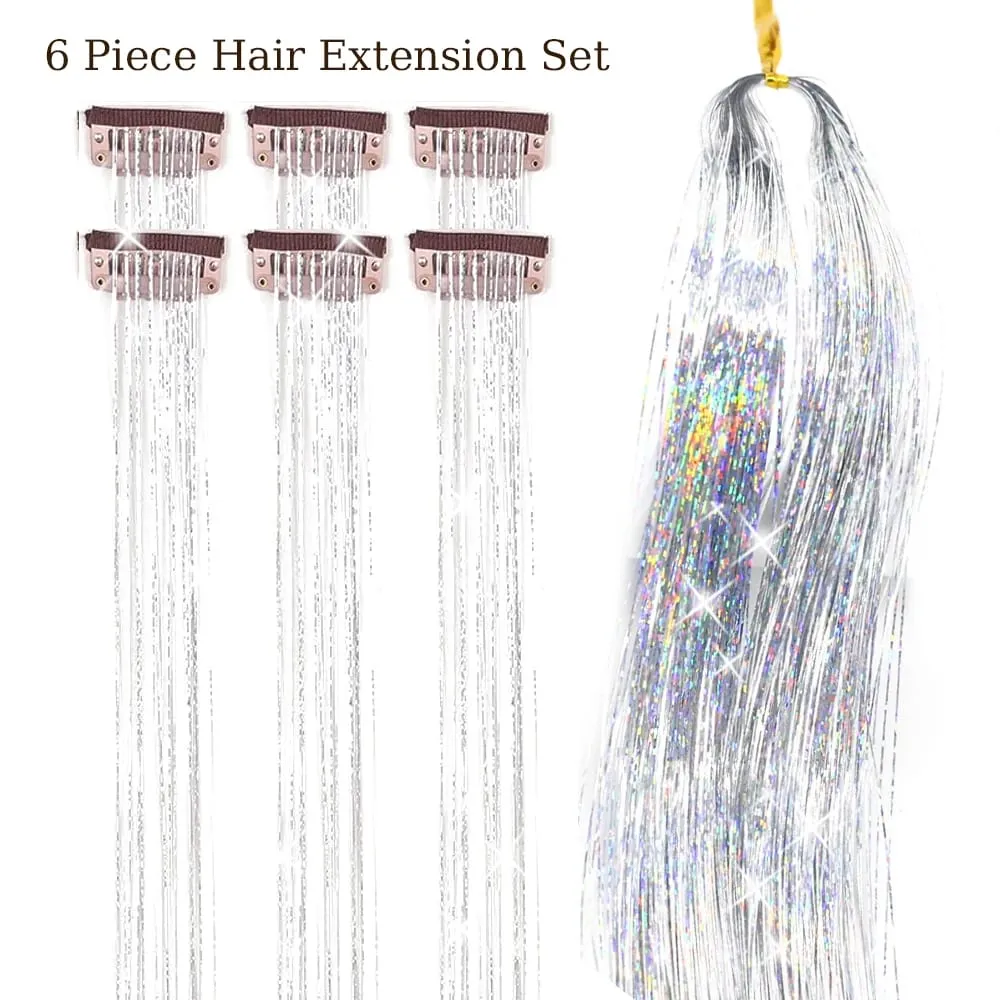 Hårglitterpaket med 6 st Klämma i hårglitter 20 tum Färgglada glitter glitter Hårförlängningar Festival Present glitter Fairy Hairpiece