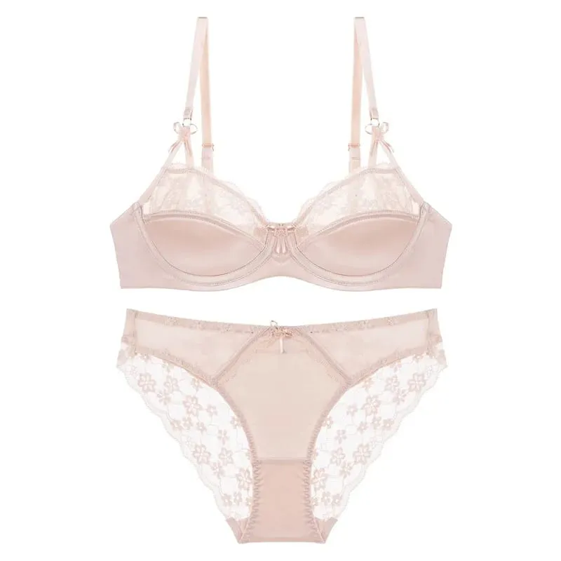 Early Spring Teen Girls Pure Desire Lingerie Set U-Back Soft Support Satin Stitch Lace Comfort Underwear Anti-Sag for Youth