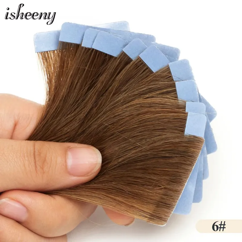머리 확장에 Isheeny 보이지 않는 테이프 12 "16" 20 "피부 Weft 테이프 Ins 10pcs 자연 스트레이트 기계 레미 인간의 머리카락 제작 — image 11