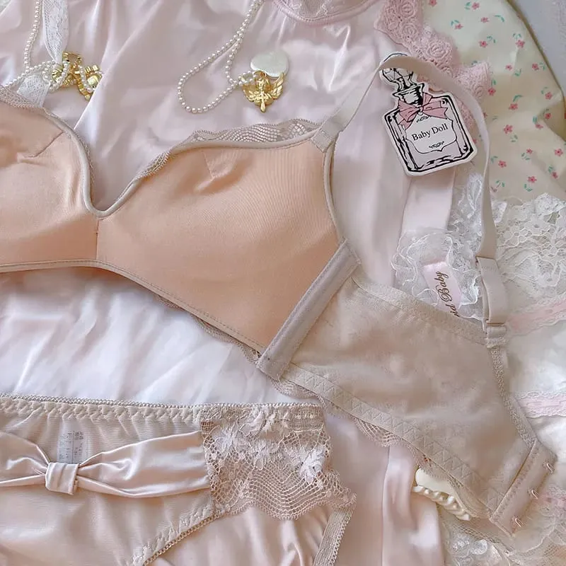 Ropa interior grande de pecho pequeño engrosada de princesa rosa, lencería de látex modal recogida para mujer, conjunto de bragas con lazo sin anillo de acero