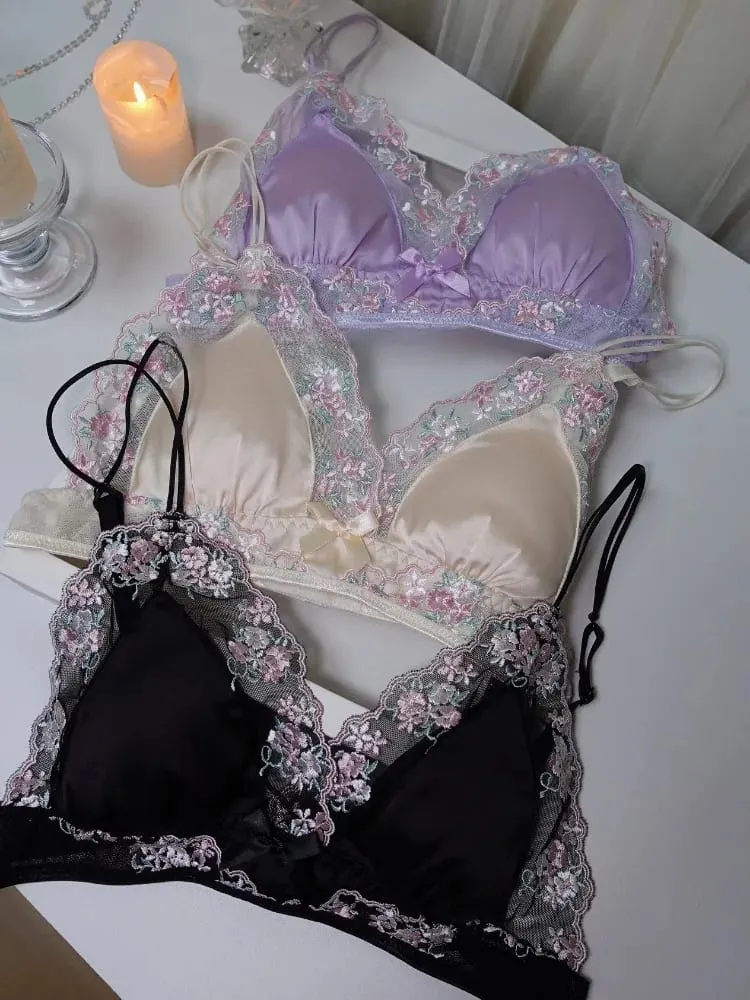 Girls French Bra Thin Triangle Cup Purple Embroidery Light Luxury Silk Sexy Pure Desire Lace Underwear Set