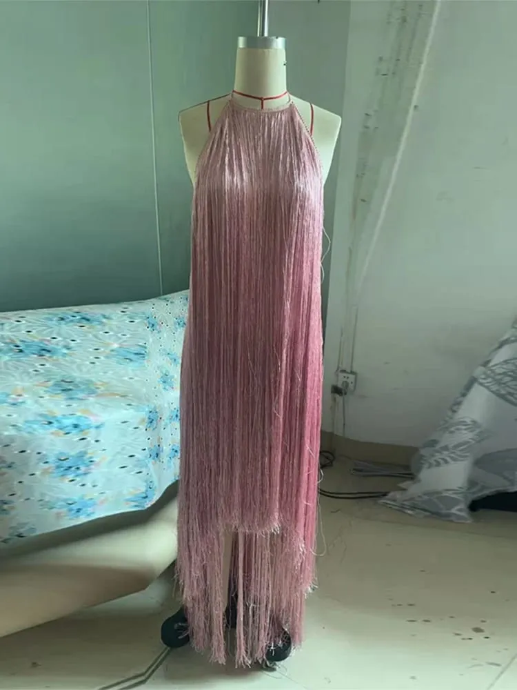 Vestido de festa feminino halter sem mangas sem costas borla sólida feminino longo vestidos de férias 2026 moda verão elegante senhora robe
