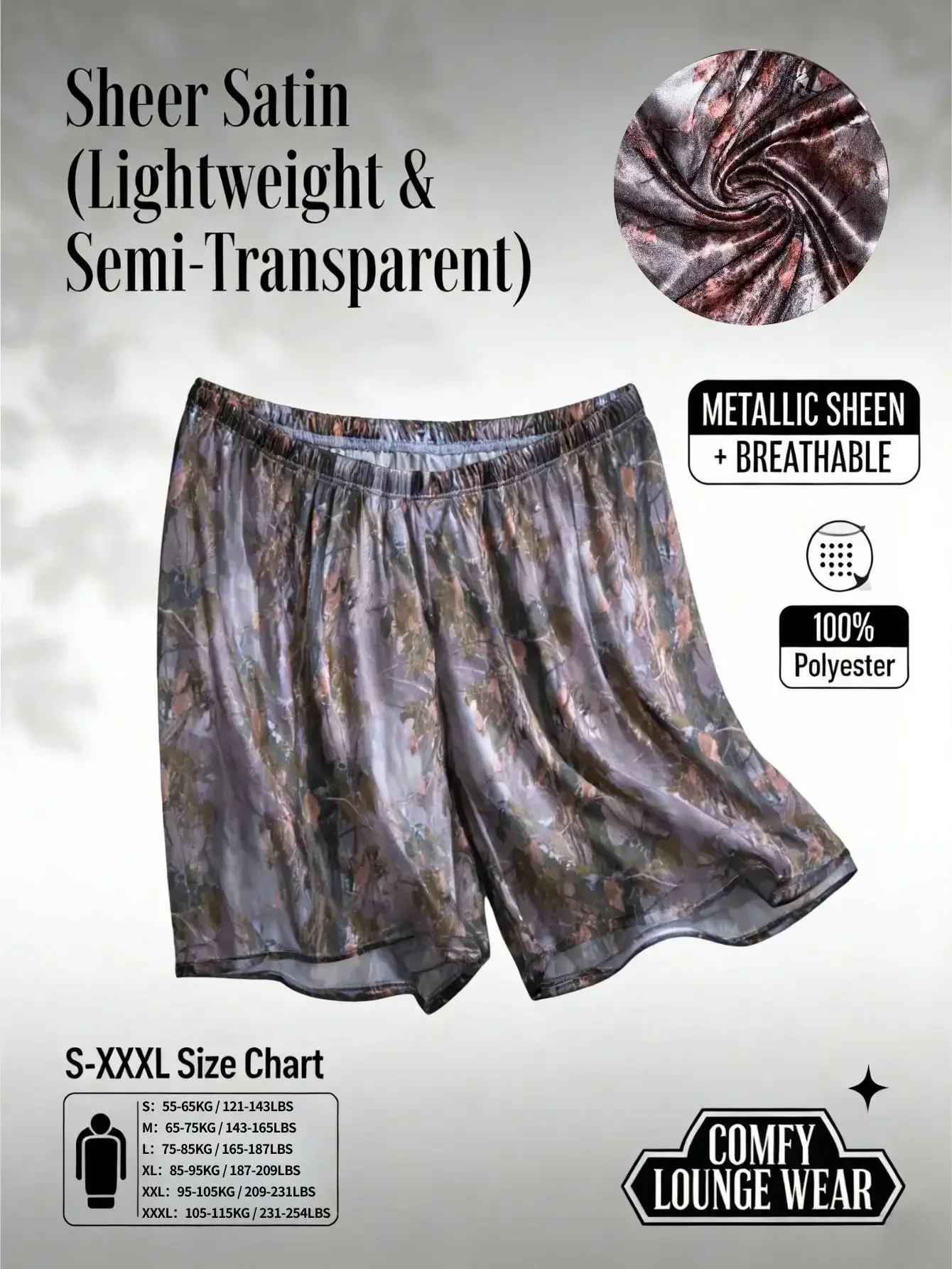 1 peça masculina leve respirável brilho metálico casual loungewear para casa – shorts de dormir de cetim com estampa camuflada