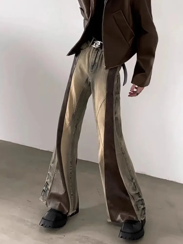 Trashy Y2K 2000S Pu Leather Patchwork Slim Flare Jeans Pants For Men 90S Vintage Clothes Colorblock Denim Trousers Moda Hombre