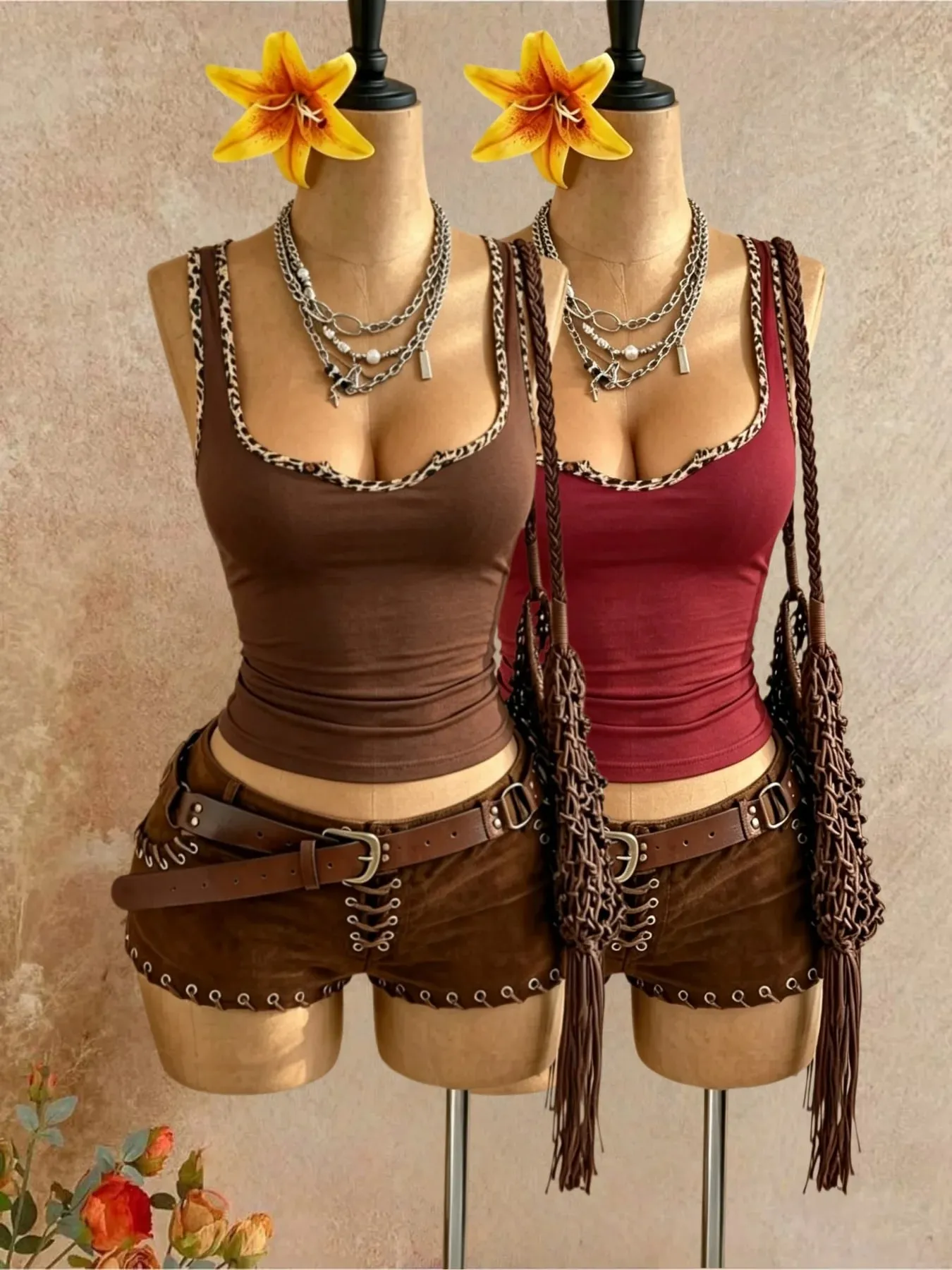 2 Pcs Women Leopard Print Trim U Neck Sleeveless Tank Top Solid Slim Fit Western Y2K Cami Vest Multi-color Wine Red Black — image 7
