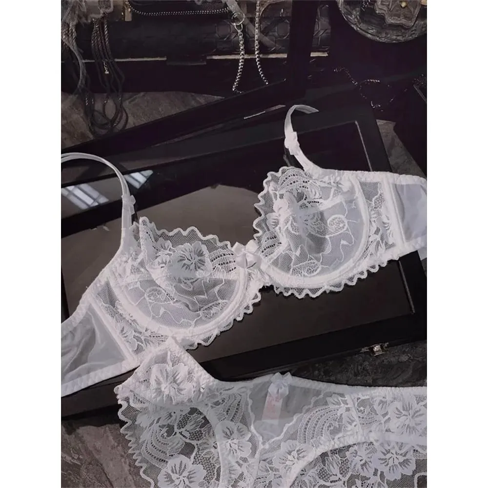 Minimal French Thin Perspective Lace Lingerie Set Underwire Beauty Back Malaking Bust Minimizer Side Shaping Anti Sagging Bra Set