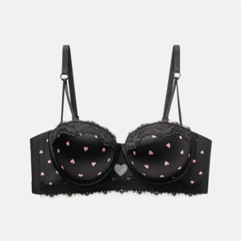 Set reggiseno in pizzo a cuore per ragazze dolci Lingerie push up sexy per seno piccolo Intimo con supporto laterale anti-cedimento 32‑38AB Set reggiseno