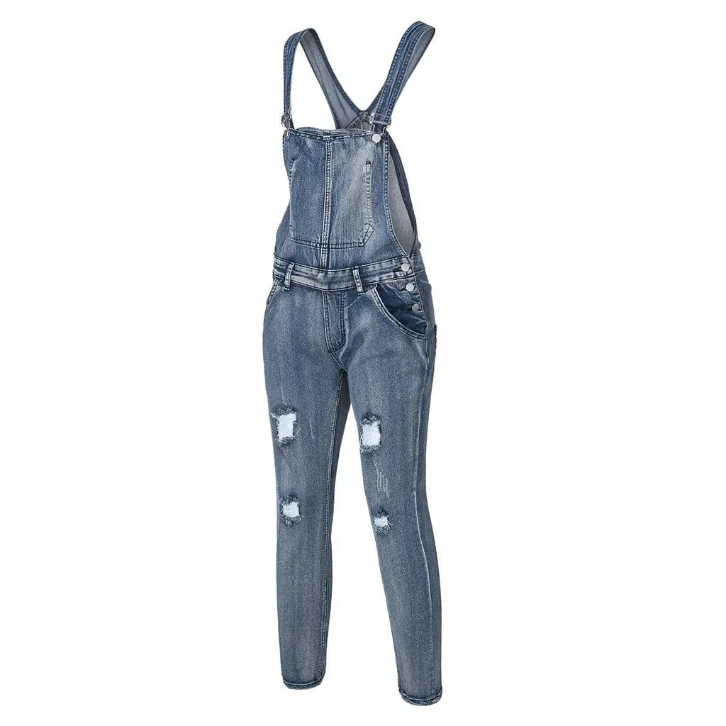 Men Jeans Overalls Washed Denim Pencil Ankle Length One Piece Hole Distressed Pockets Casual Spliced Ripped Vintage Suspenders