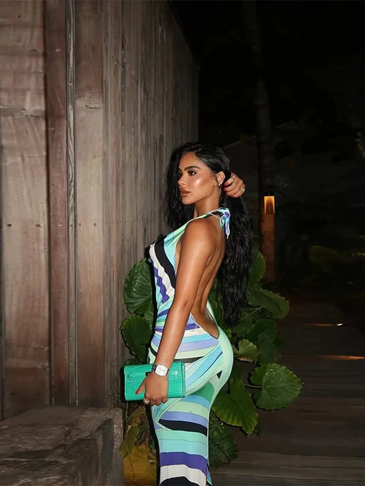 Moda Baskılı Halter Uzun Elbise Kadınlar için Zarif Kolsuz Backless Ince Bodycon Maxi Elbiseler Şık Yaz Plaj Parti Elbiseler — image 5