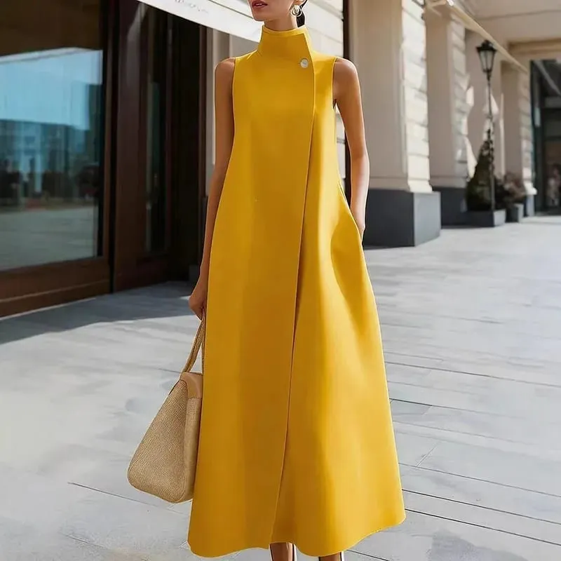 Simple Fashion Single Button High Neck Maxi Dress Women Spring Solid Pocket A-Line Long Dress Summer Sleeveless Bohemian Dresses