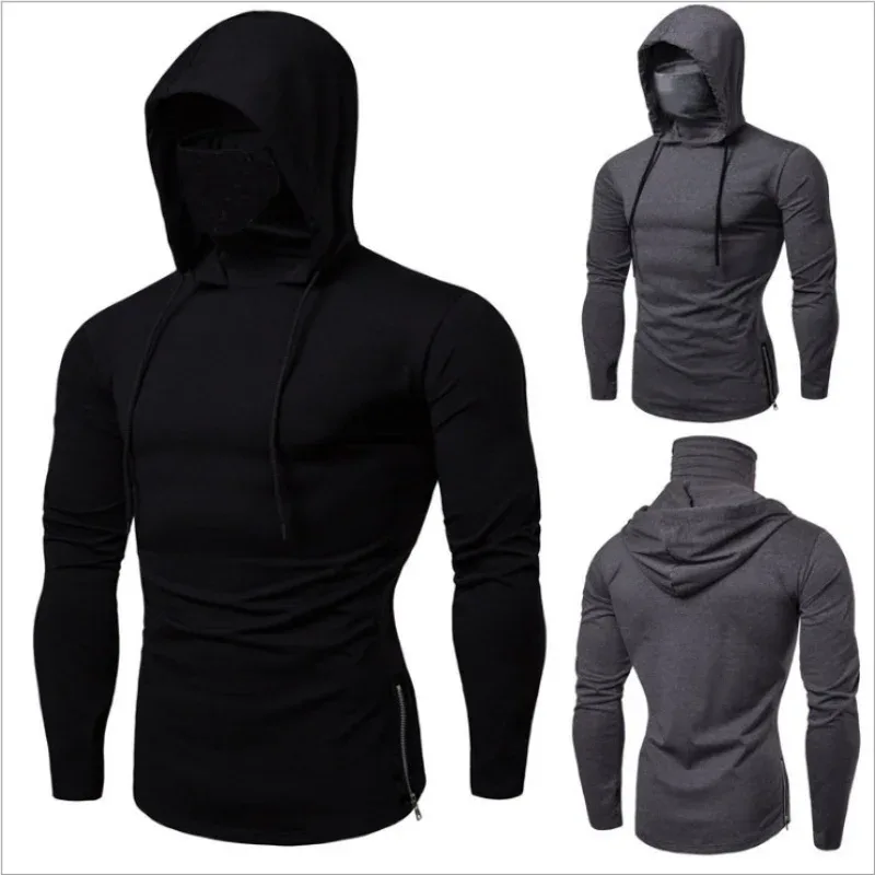 2026 Men's Spring Autumn Gym Thin Hoodie with Mask Casual Splice Large Mask Hooded Sweatshirt for Cycling Motorcycle And Fitness