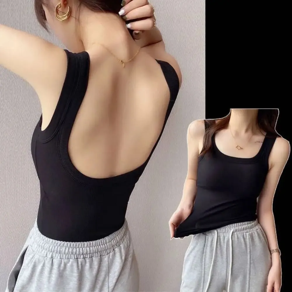 Fashion Solid Color Bodycon Top Sleeveless with Chest Pad Camisole Clubwear Backless Tank Top for Women