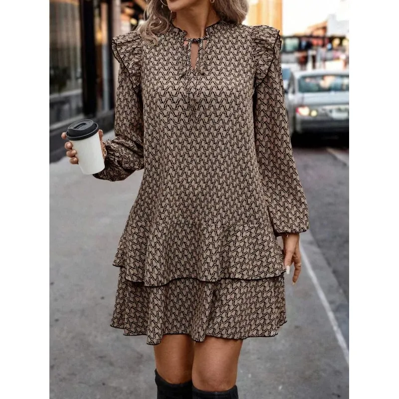 Fashion Print Ruffles Dress Women Casual Long Sleeve Lace-up Pullover Loose Dresses Lady Elegant Holiday Office Skirts Clothes