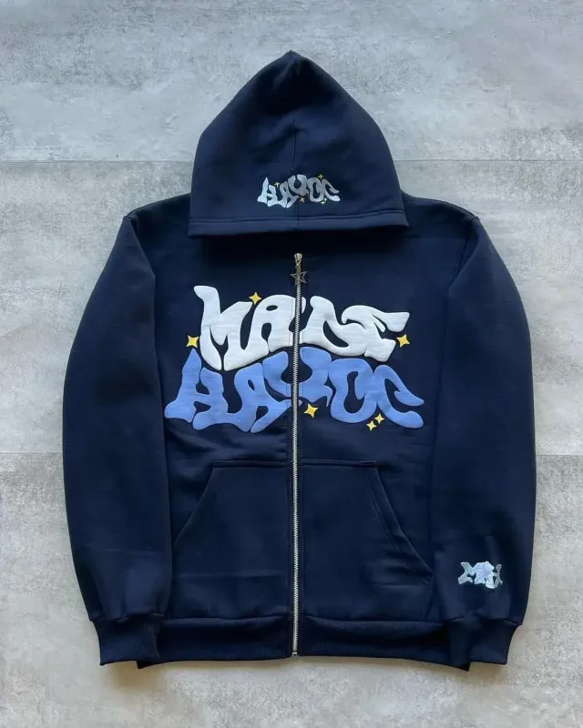Men's Retro American Letter Zipper Printed Hooded Sweatshirt Unisex Autumn and Winter Open Cardigan