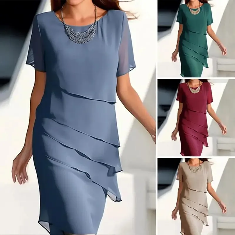 New Women's Dress O-neck Short-sleeved Ruffle Elegant Solid Color Simple Fashiona Midi Skirt