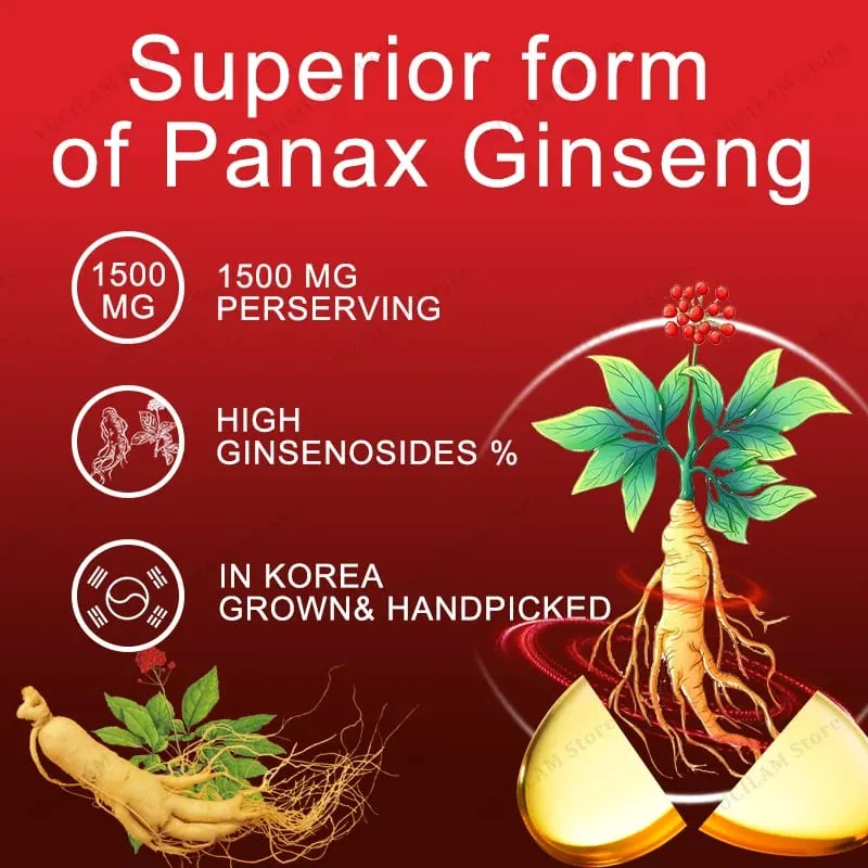 Korean Red Ginseng 1500 mg - Energy Supplement for Peak Performance Focus & Vitality - High Potency Ginseng Root Extract