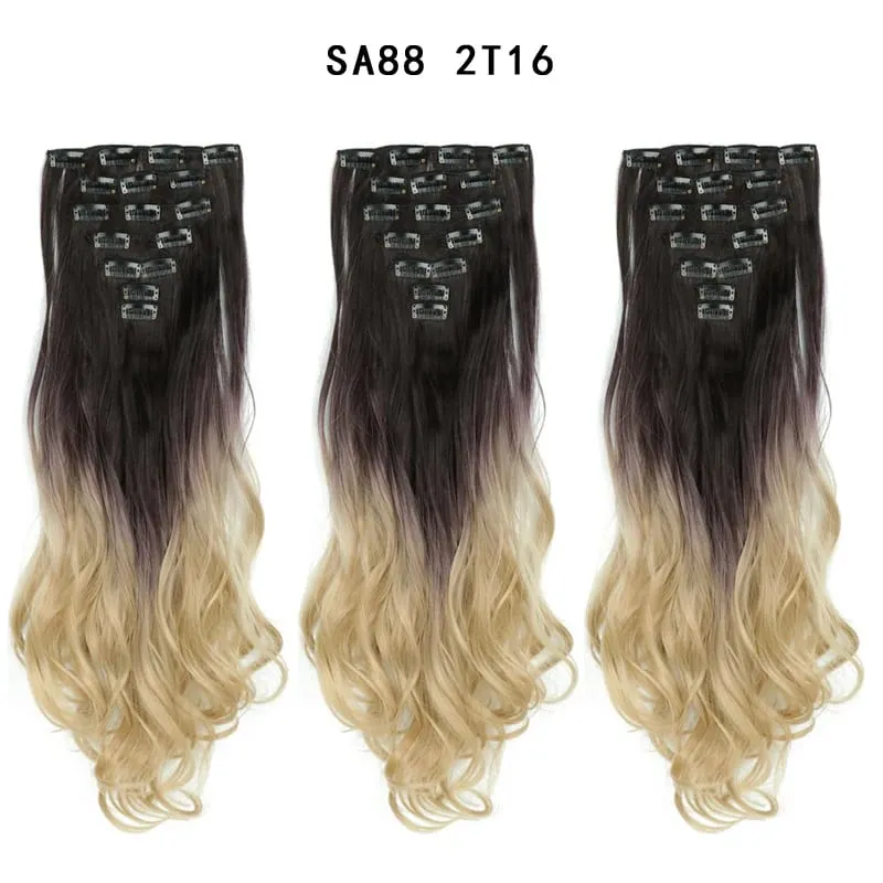 Clip in Long Wavy Synthetic Hair Extension 22 Inch Black 7PCS Thick Hairpieces Fiber Double Weft Hair for Women