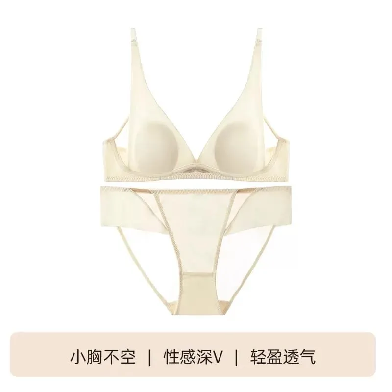 French Triangle Bra Rabbit Ear Cup Deep V Wireless Bralette for Small Bust No Gap Sexy Lingerie Set Breathable Summer Thin