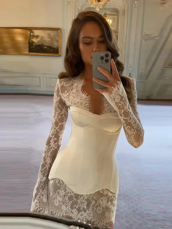 Effen Satijnen Kanten Korset Mini-jurk Vrouwen Sexy Spaghetti Band Sheer Paneel Slim Fit Korte Jurken 2026 Trendy Lady Avondje Uit dragen